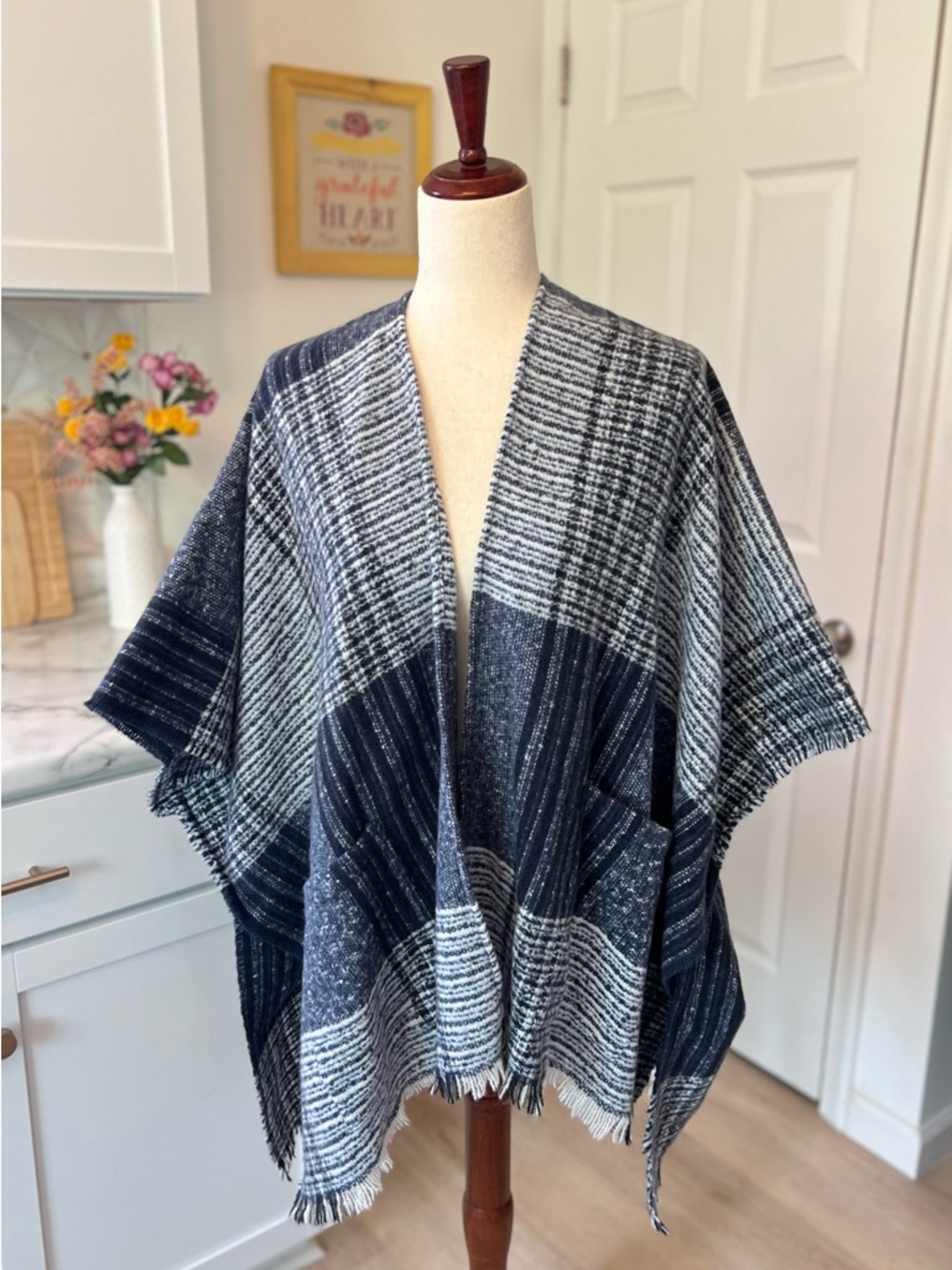 New Plaid Navy Soft Raw Fringe Trim Hem Oversized Boho Poncho Shall With Pockets